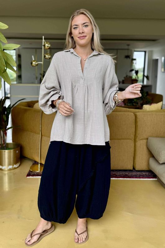 Made in Italy Santos Collared Peasant Smock Blouse Stone